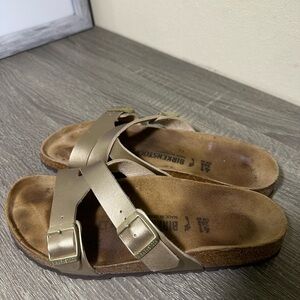 Birkenstock Silver Sandals with Wide Straps and Contoured Footbed